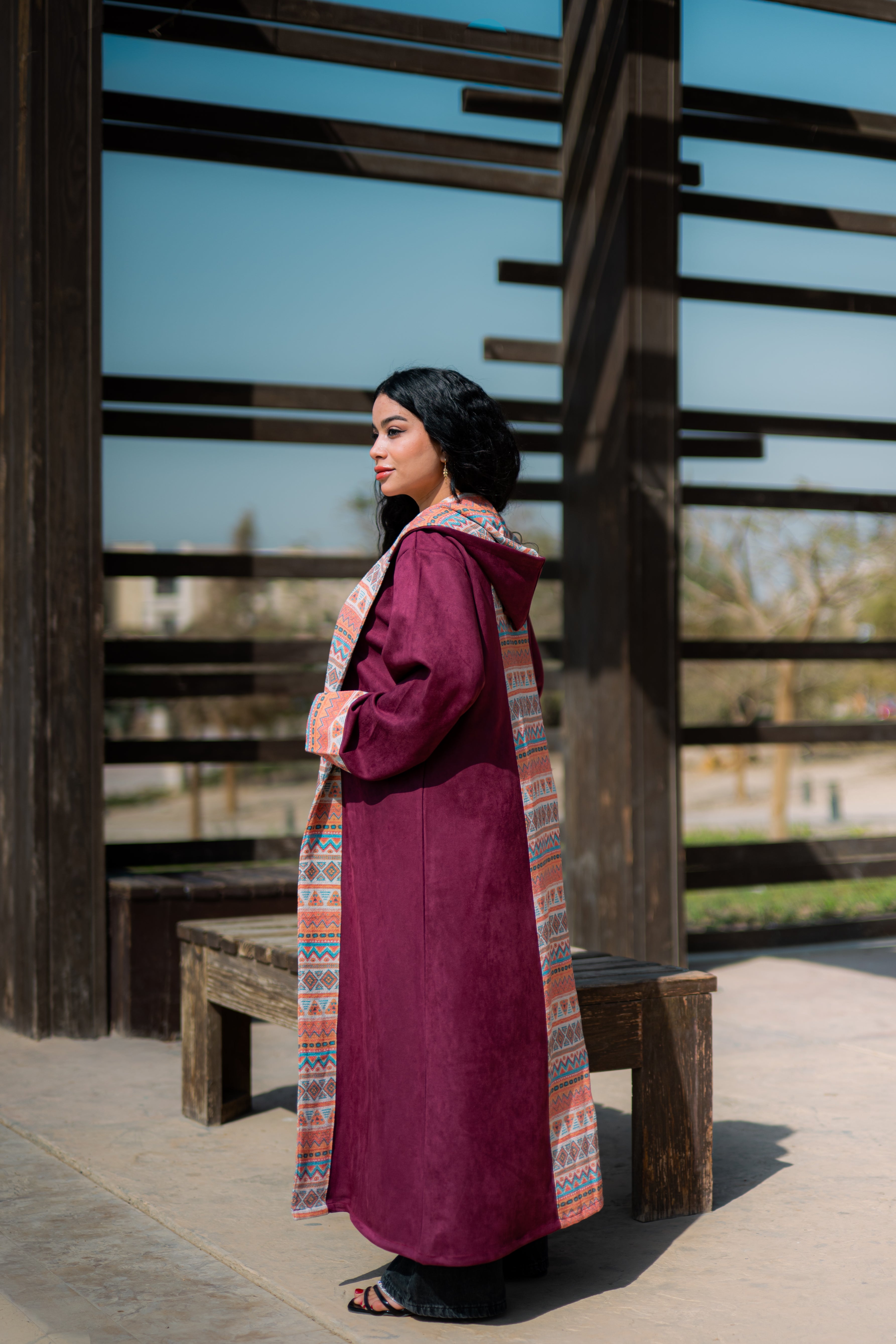 Burgundy velvet kimono with printed mesh-K05