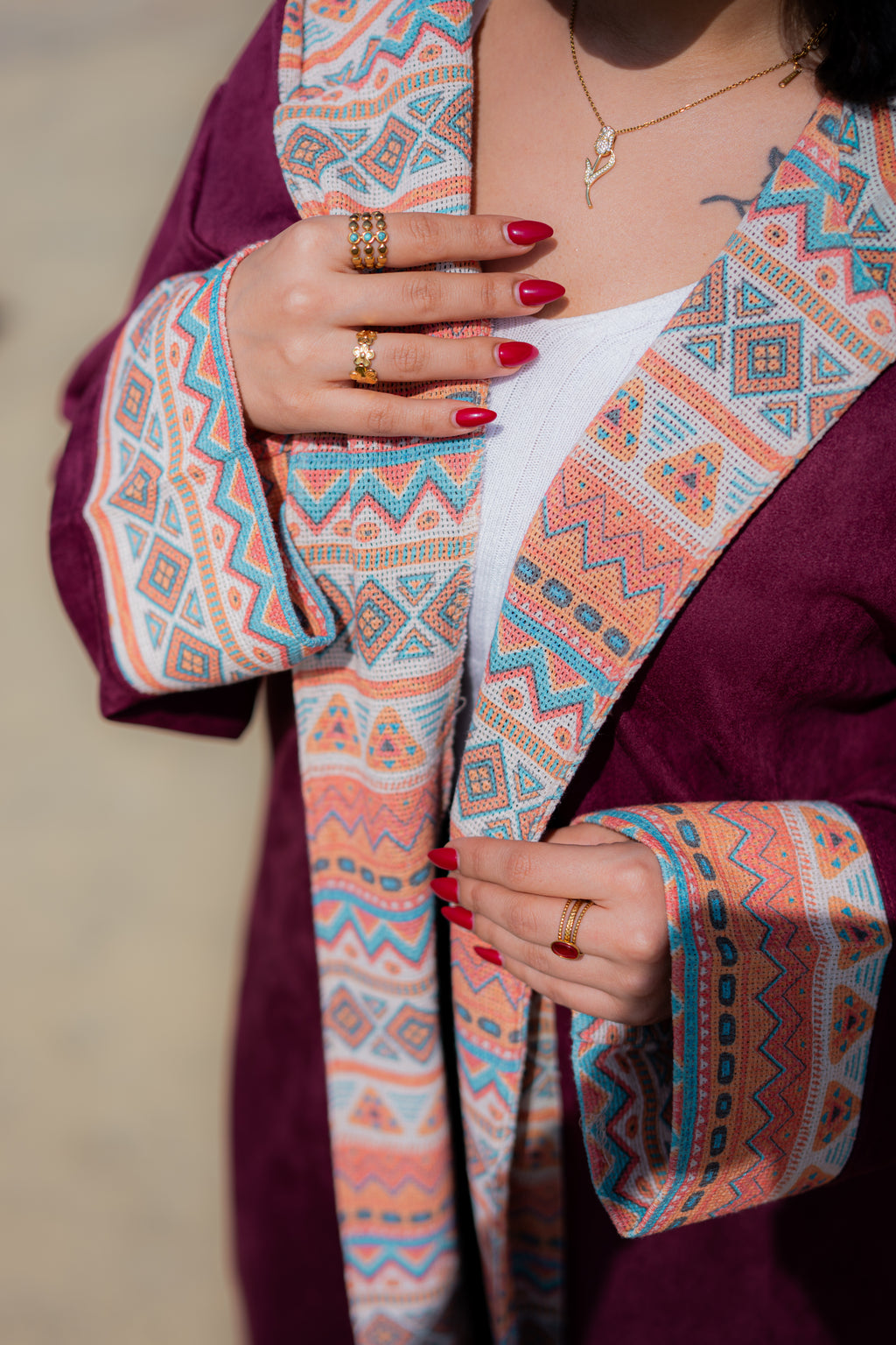 Burgundy velvet kimono with printed mesh-K05