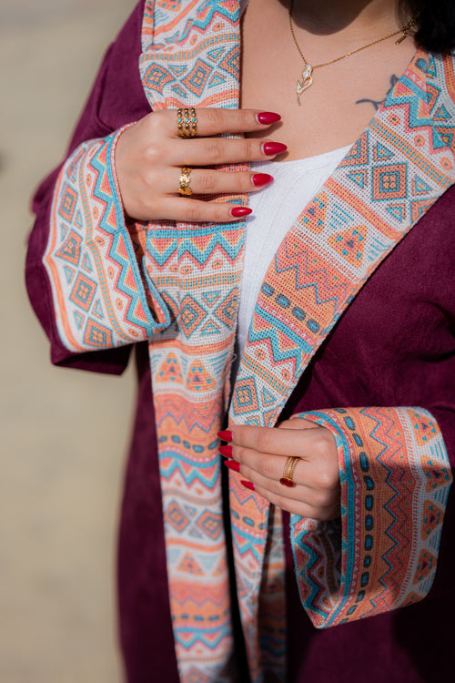Burgundy velvet kimono with printed mesh-K05