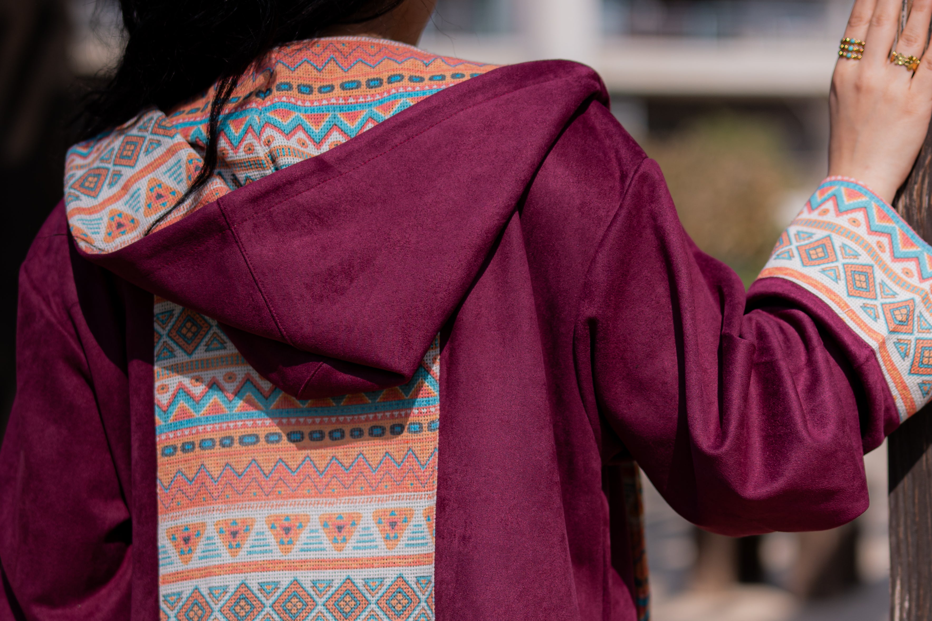 Burgundy velvet kimono with printed mesh-K05