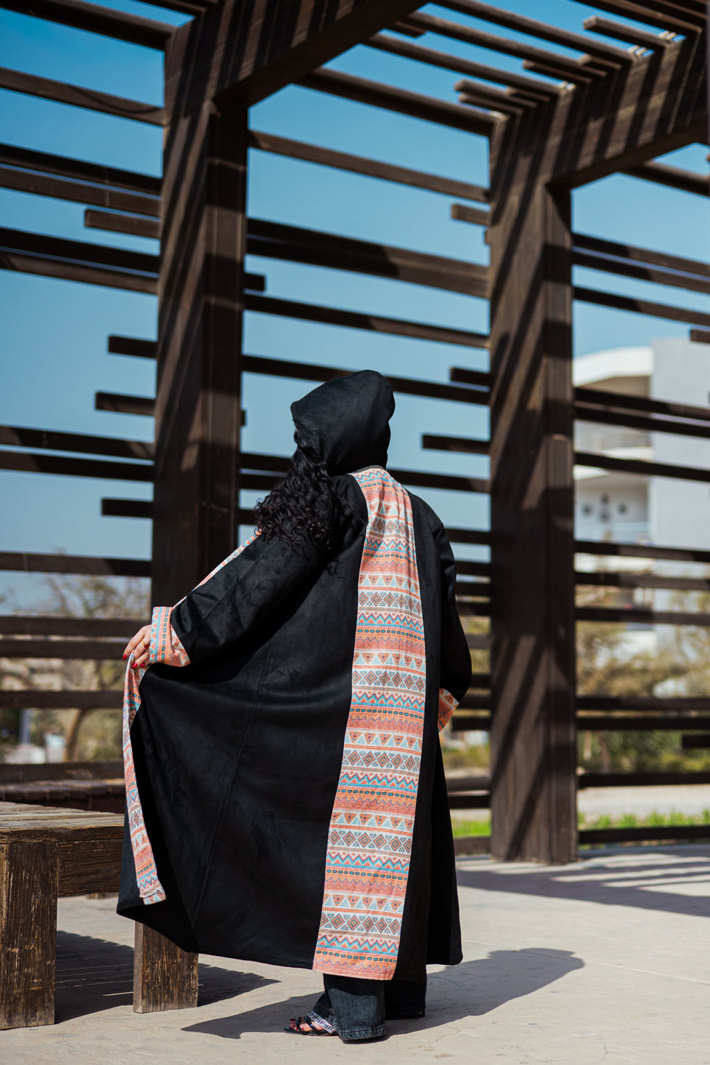 Black velvet suede kimono with printed mesh-K07