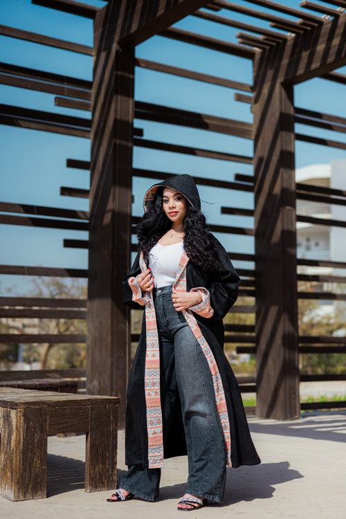 Black velvet suede kimono with printed mesh-K07