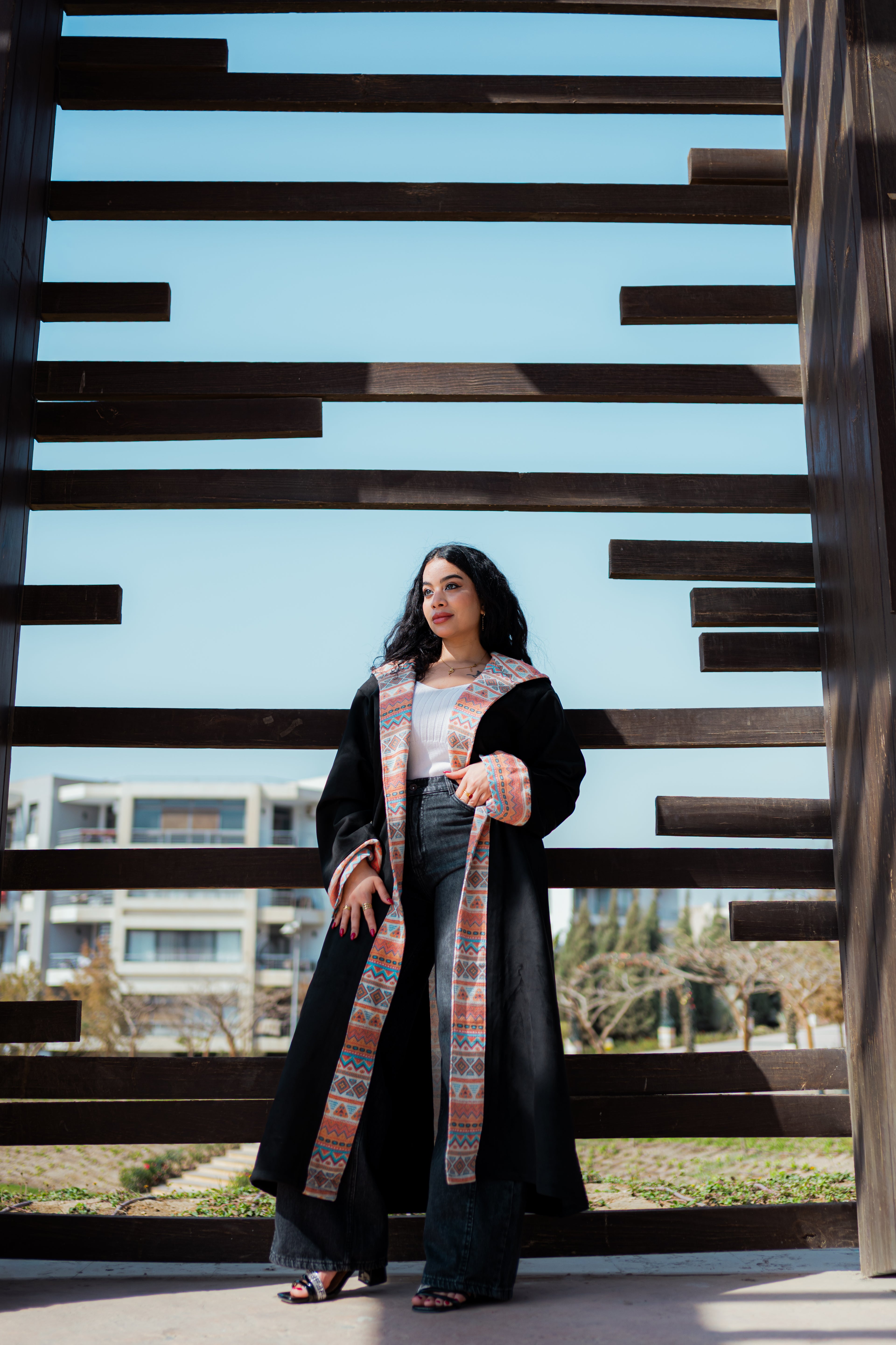 Black velvet suede kimono with printed mesh-K07