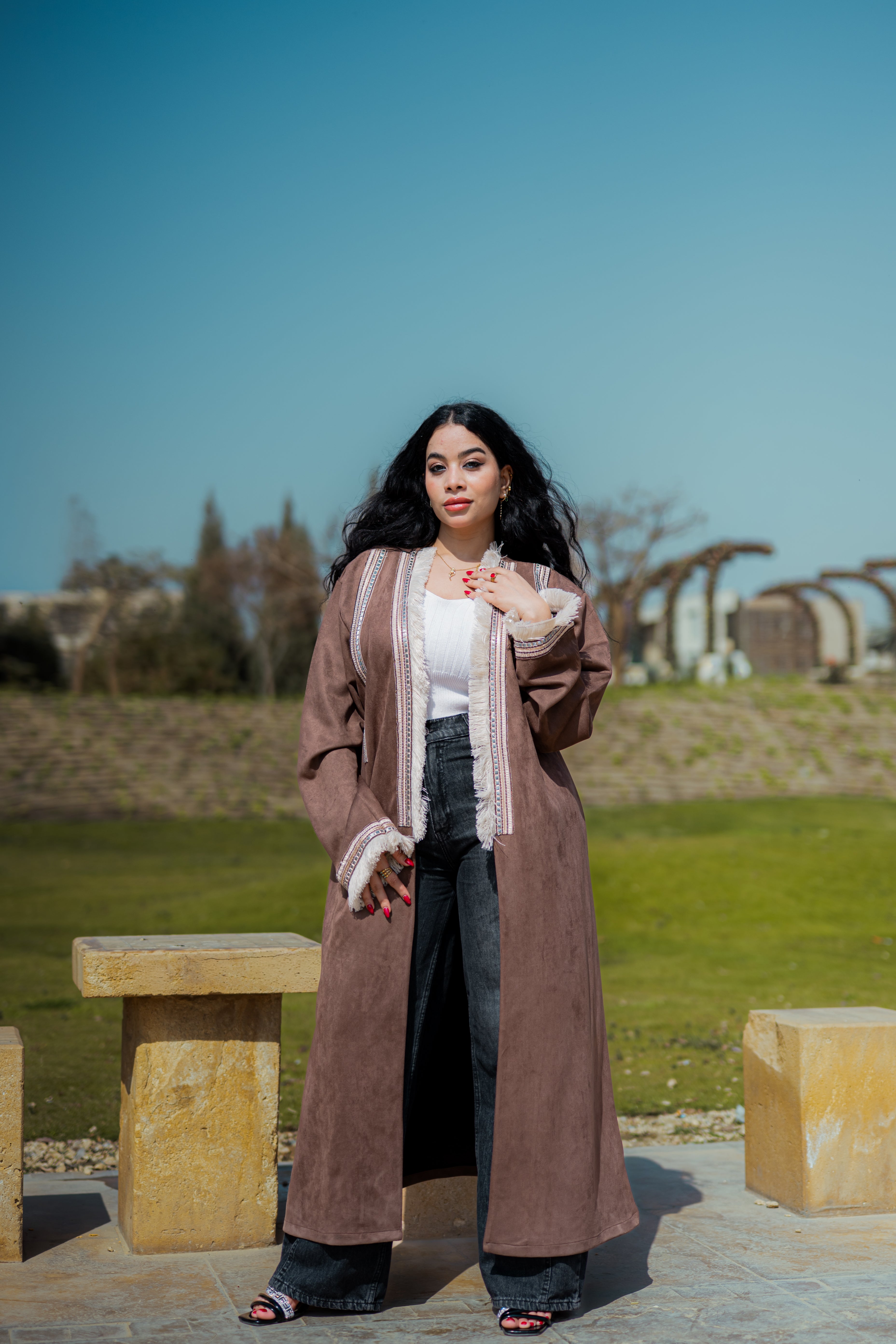 Coffe brown velvet suede kimono with special details-K10