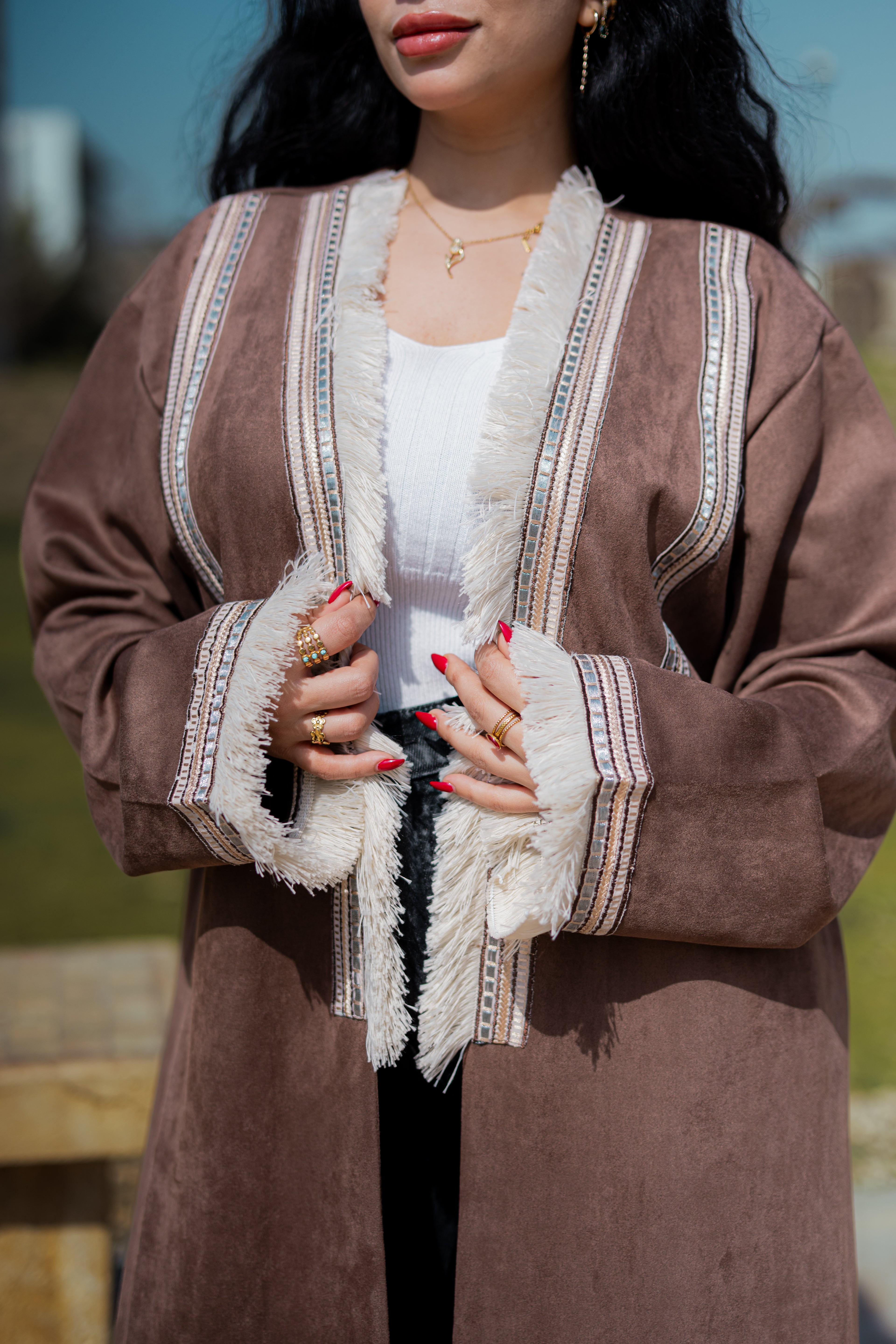 Coffe brown velvet suede kimono with special details-K10