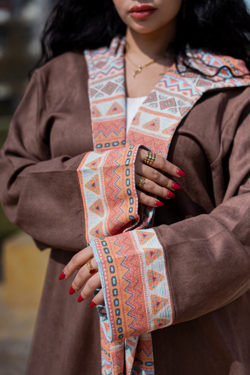 Brown velvet suede kimono with printed mesh-K06