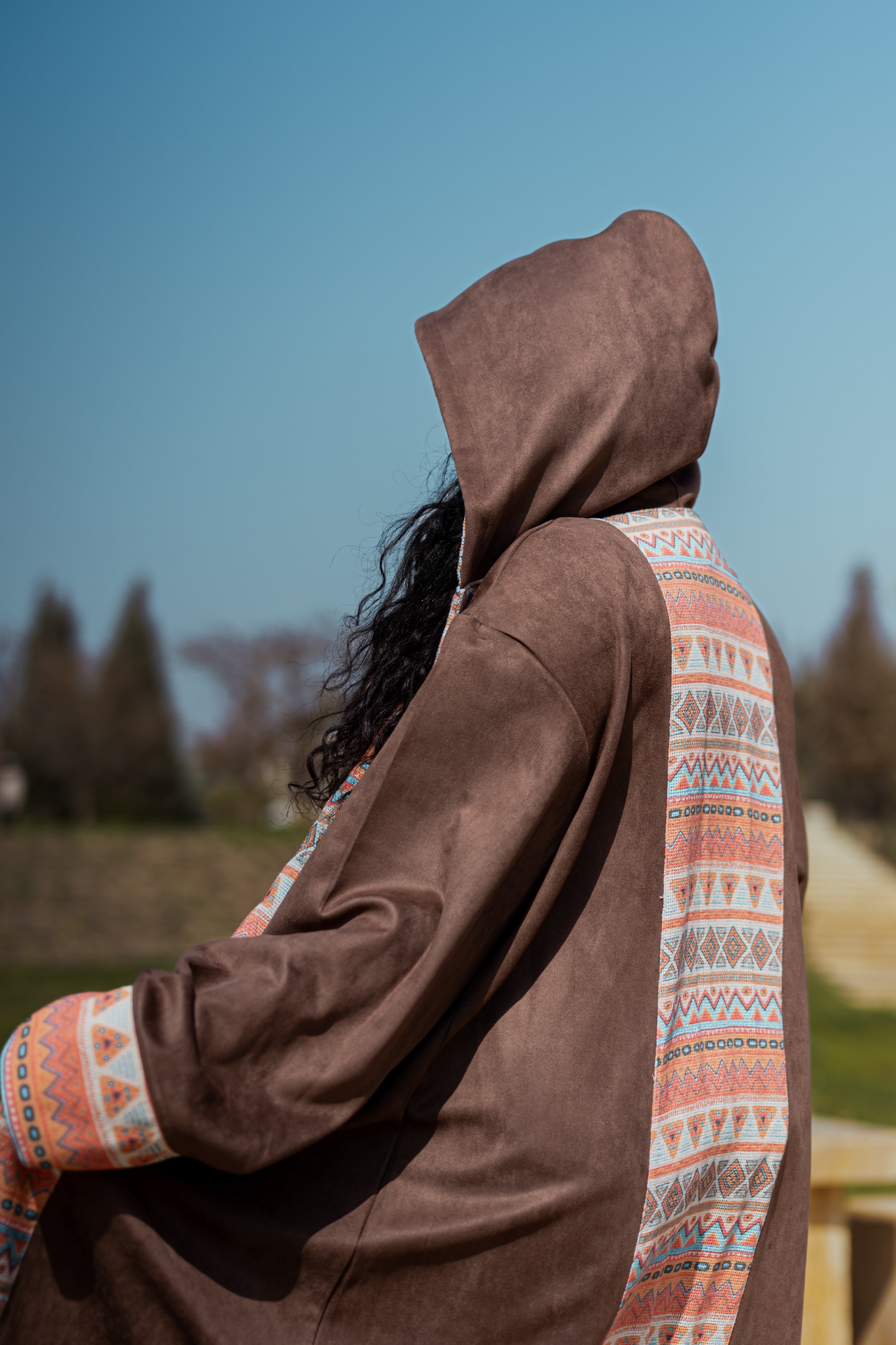 Brown velvet suede kimono with printed mesh-K06